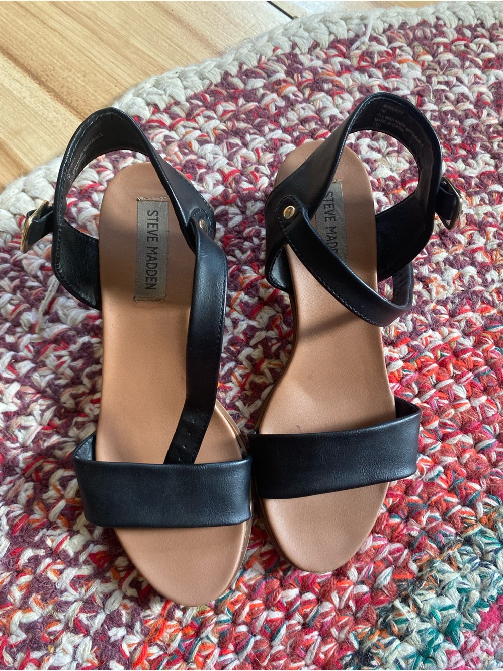 Steve Madden Black and Tan Ankle-Strap Sandals